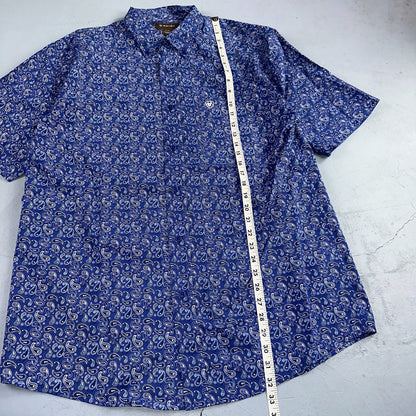 Ariat Button-Down Short Sleeve Shirt Size Large Blue Paisley 100% Cotton Casual