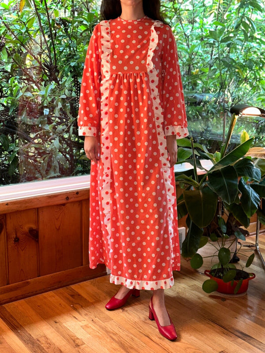 VTG 1970s Dress Grandmacore Cottagecore Casual Rockabilly Polka Dot Cute Red