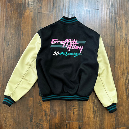 VTG Graffiti Alley Varsity Leather Letterman 70s Jacket 48 Portland Cars Racing