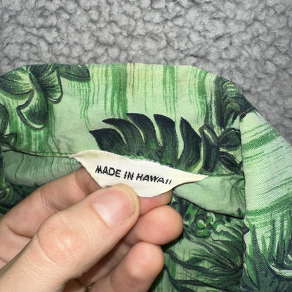 Vintage 50s Hawaiian Aloha Print Shirt Rockabilly Honolulu 60s Button USA Green
