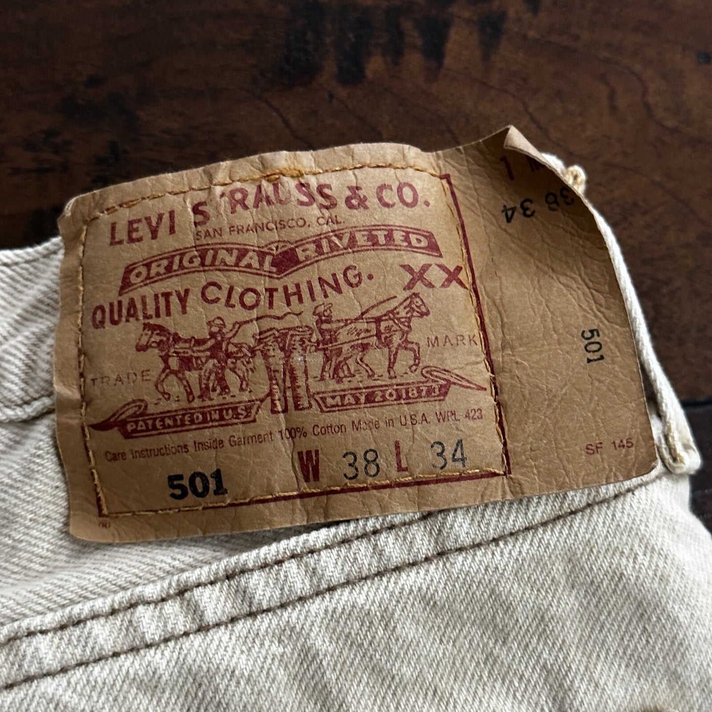 Vintage Levis 501 XX Button Fly 90s 38x34 80s Tag Act 35x34 Tan Cream Bleach