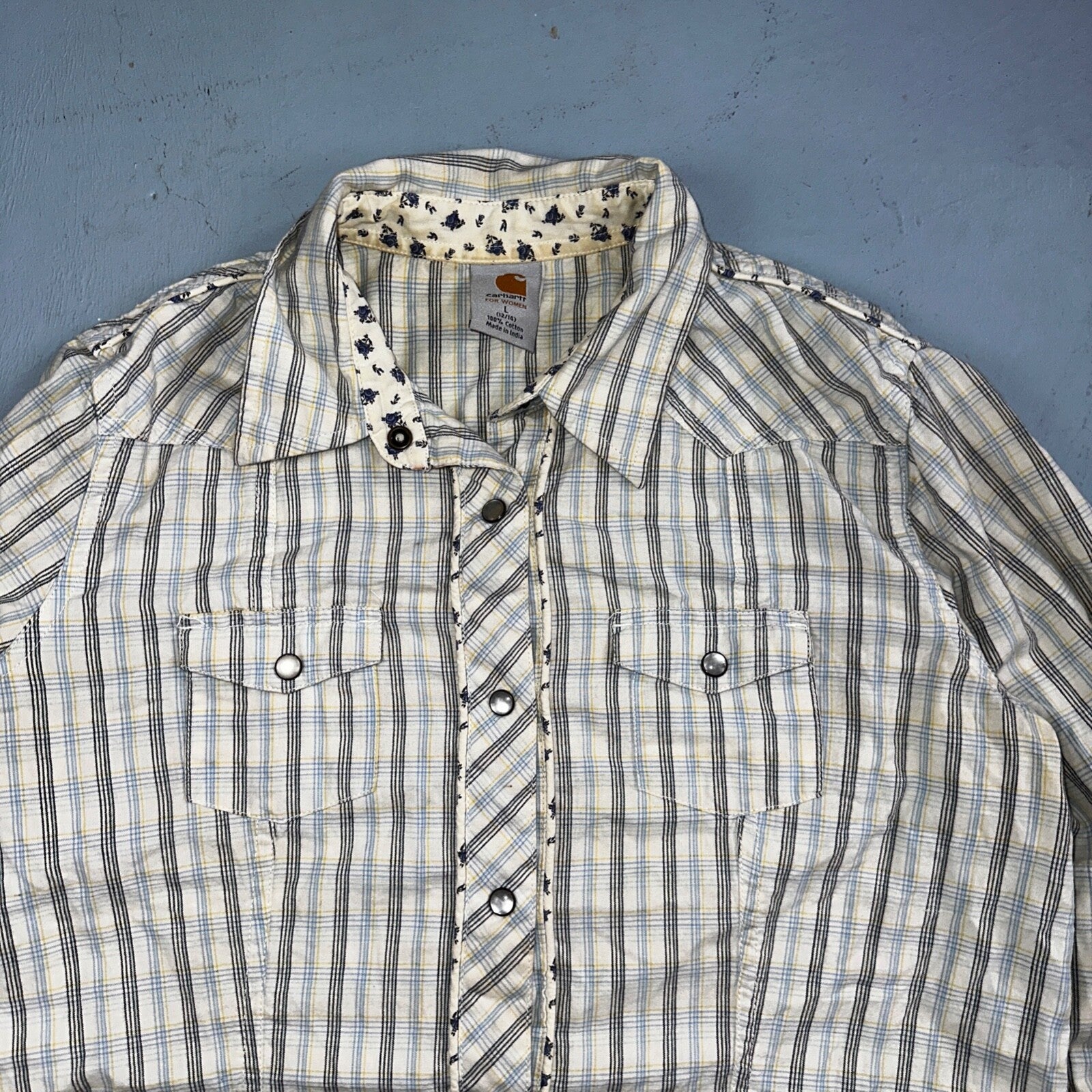 VTG Carhartt for Women Western Pearl Snap Button Up Shirt Size L Plaid Cowgirl