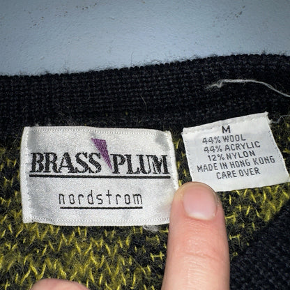 Vintage Nordstrom Brass Plum Nordic Yellow Black Wool Sweater M 80s Retro