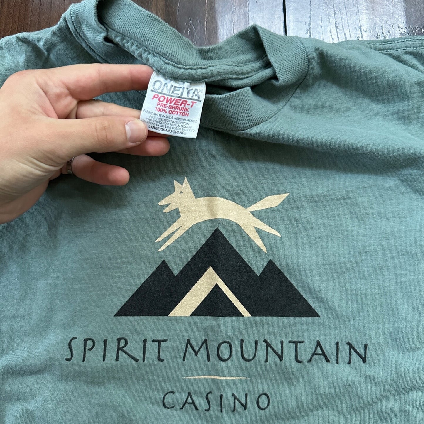 Oneita Spirit Mountain Casino VTG T Shirt Single Stitch Slate Green Fox L