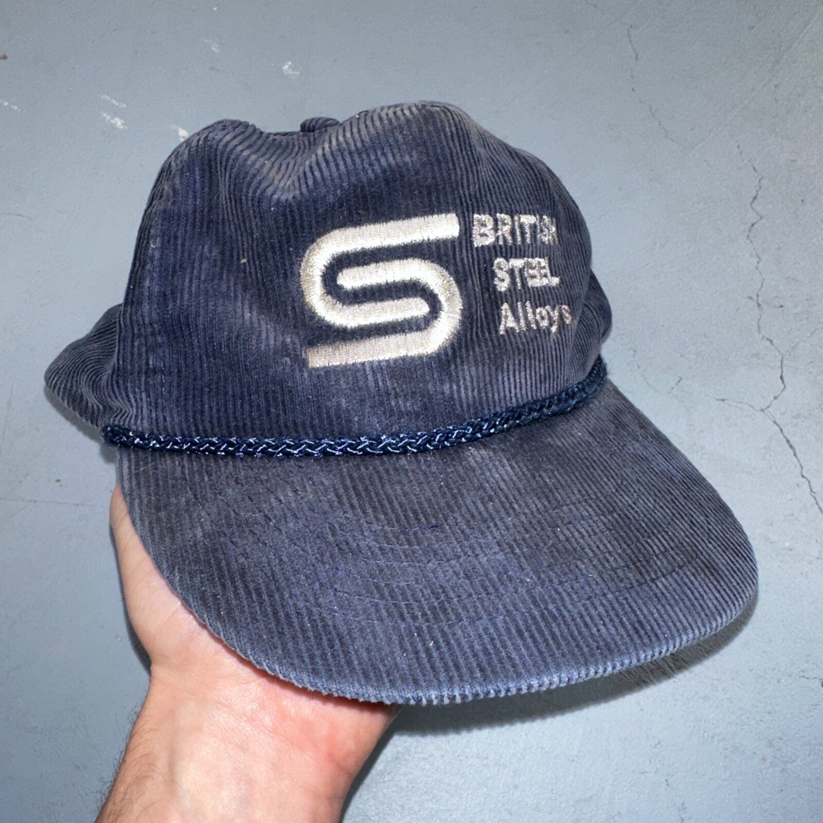 British Steel Alloys VTG Hat Cap Snapback Corduroy Blue 80s Rare Used