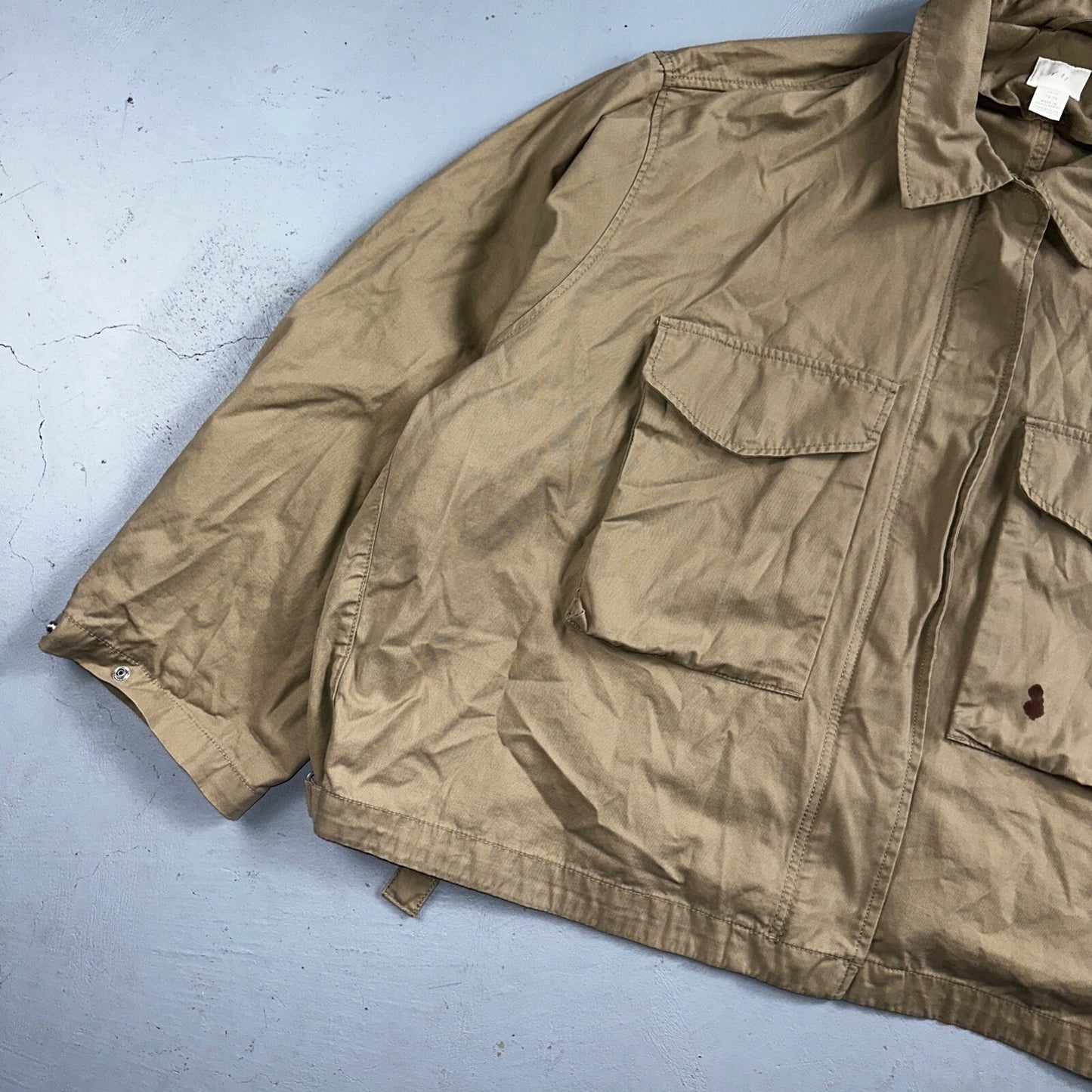 H&M Women’s Boxy Twill Jacket Beige Size XL Military Vintage Crop Style Stained