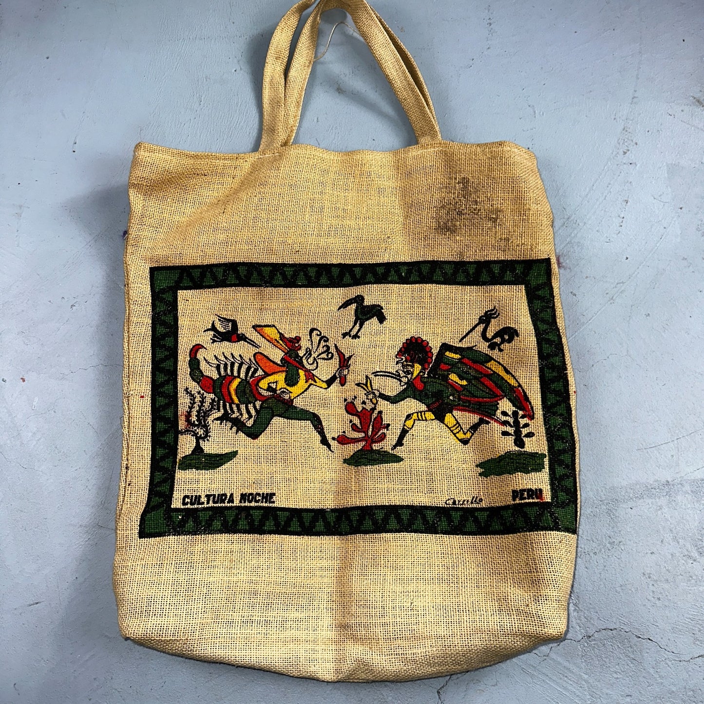 VTG Peru Machu Picchu Upcycled Coffee Reversible Burlap Tote Bag 70s Art Travel