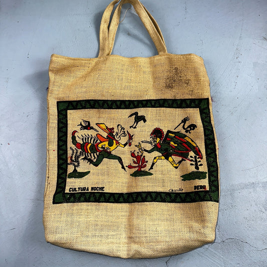 VTG Peru Machu Picchu Upcycled Coffee Reversible Burlap Tote Bag 70s Art Travel