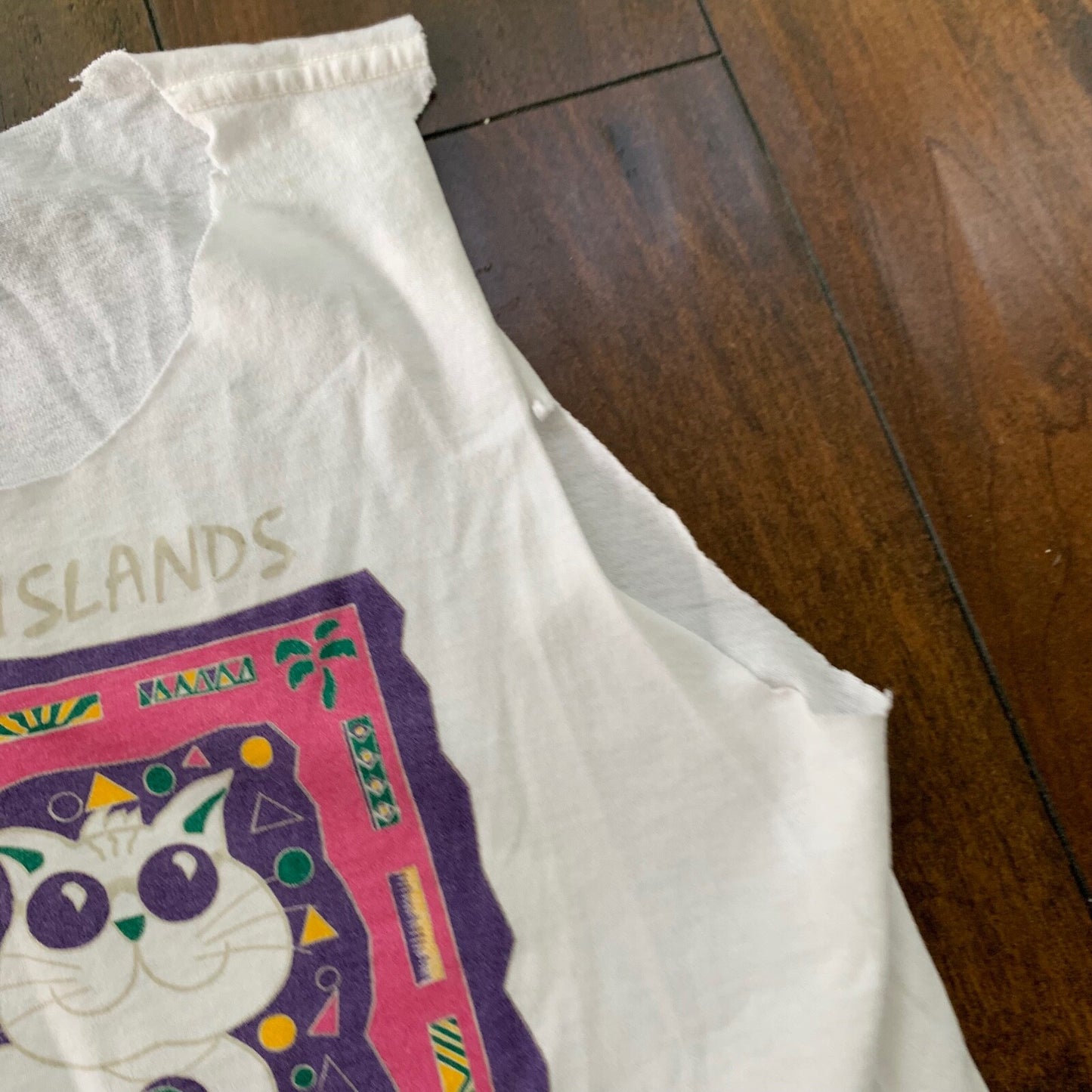 Oneita Cat Hipster Glasses Funky Vintage T Shirt 90s Tank Distressed Cut Chop