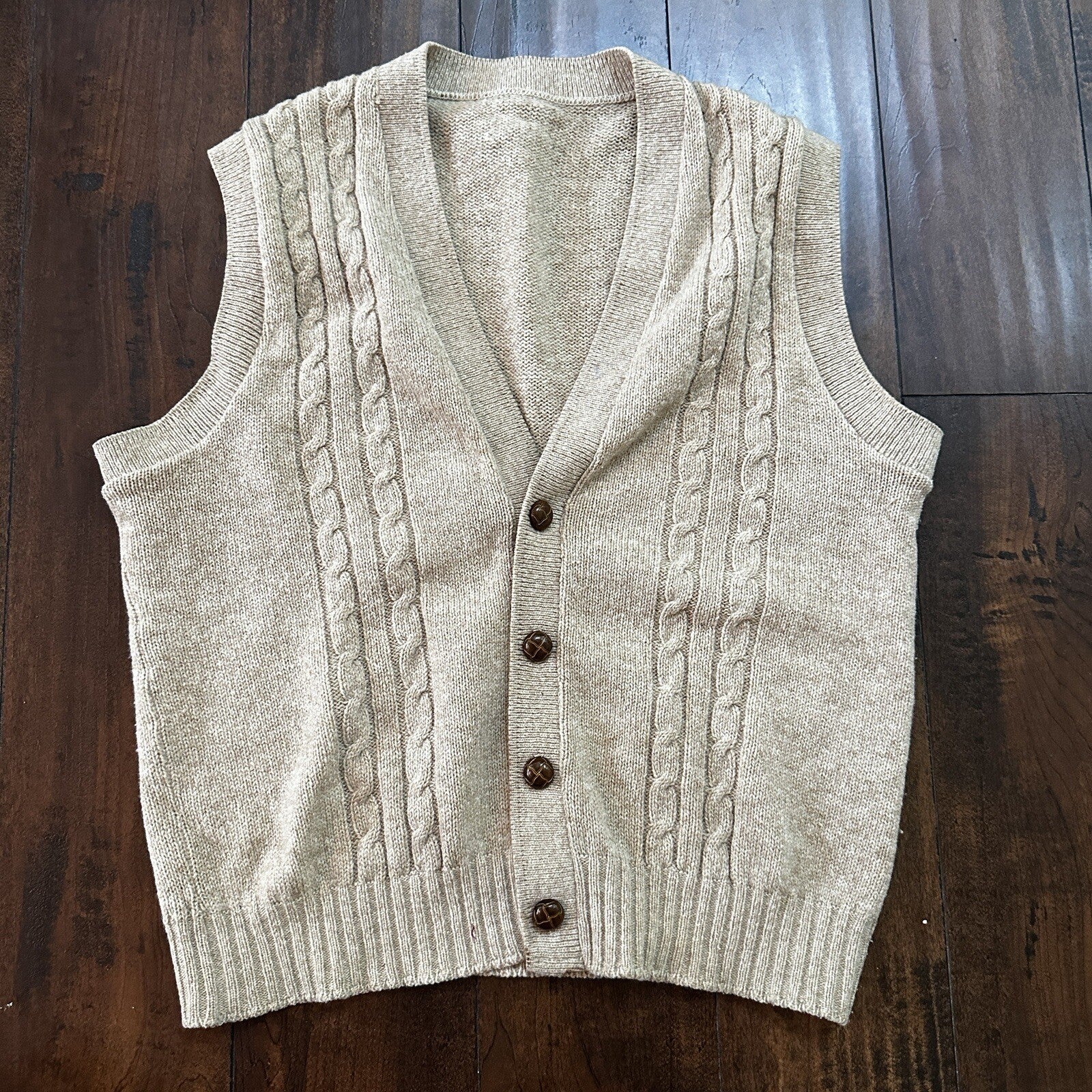 VTG 70s Tan Beige Wool Dave Marr Grandpa Cardigan Sweater Rockabilly L USA