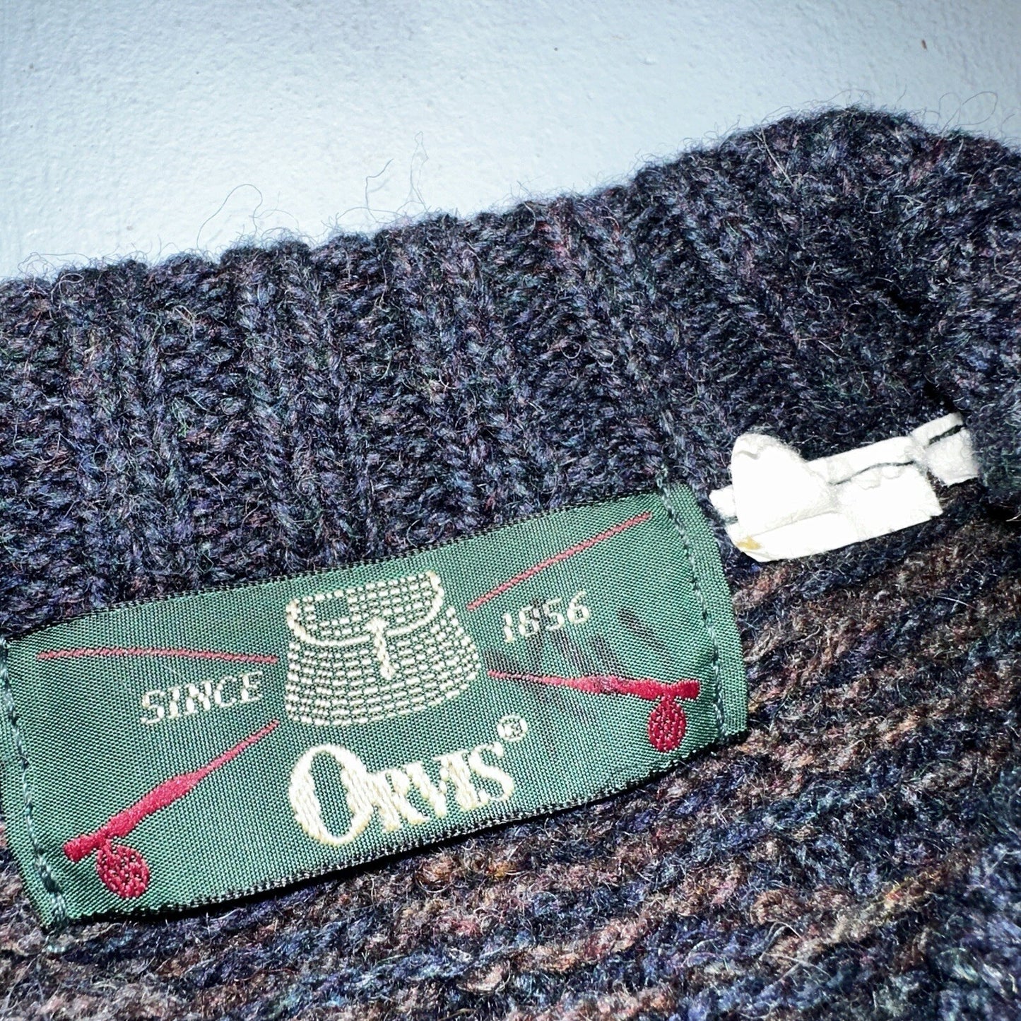 Orvis Men’s Wool Sweater XL Navy Green Tan Brown Jumper Houndstooth GrandpaCore