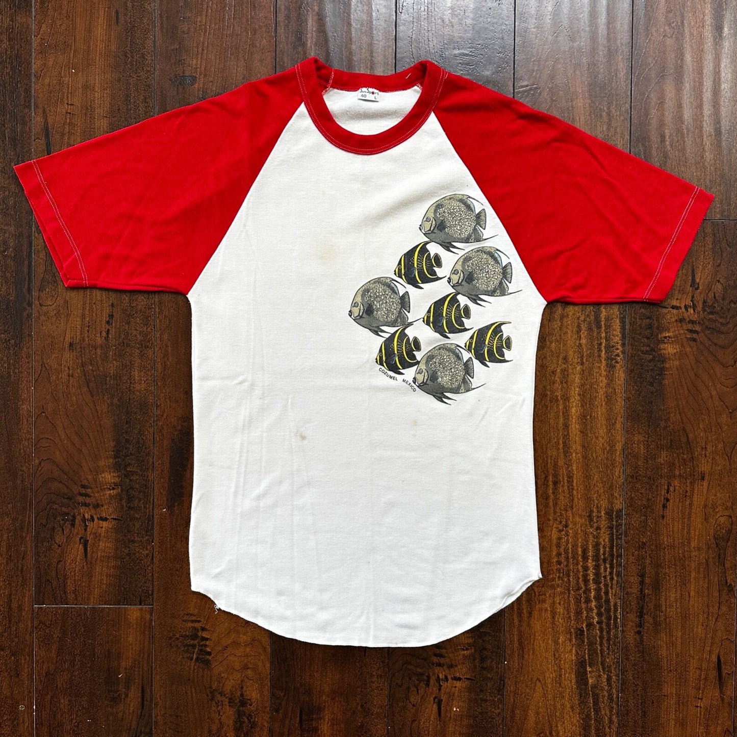 1980s Raglan Fish Vintage T Shirt 80s Red White Sports Travel USA Sun Hippie