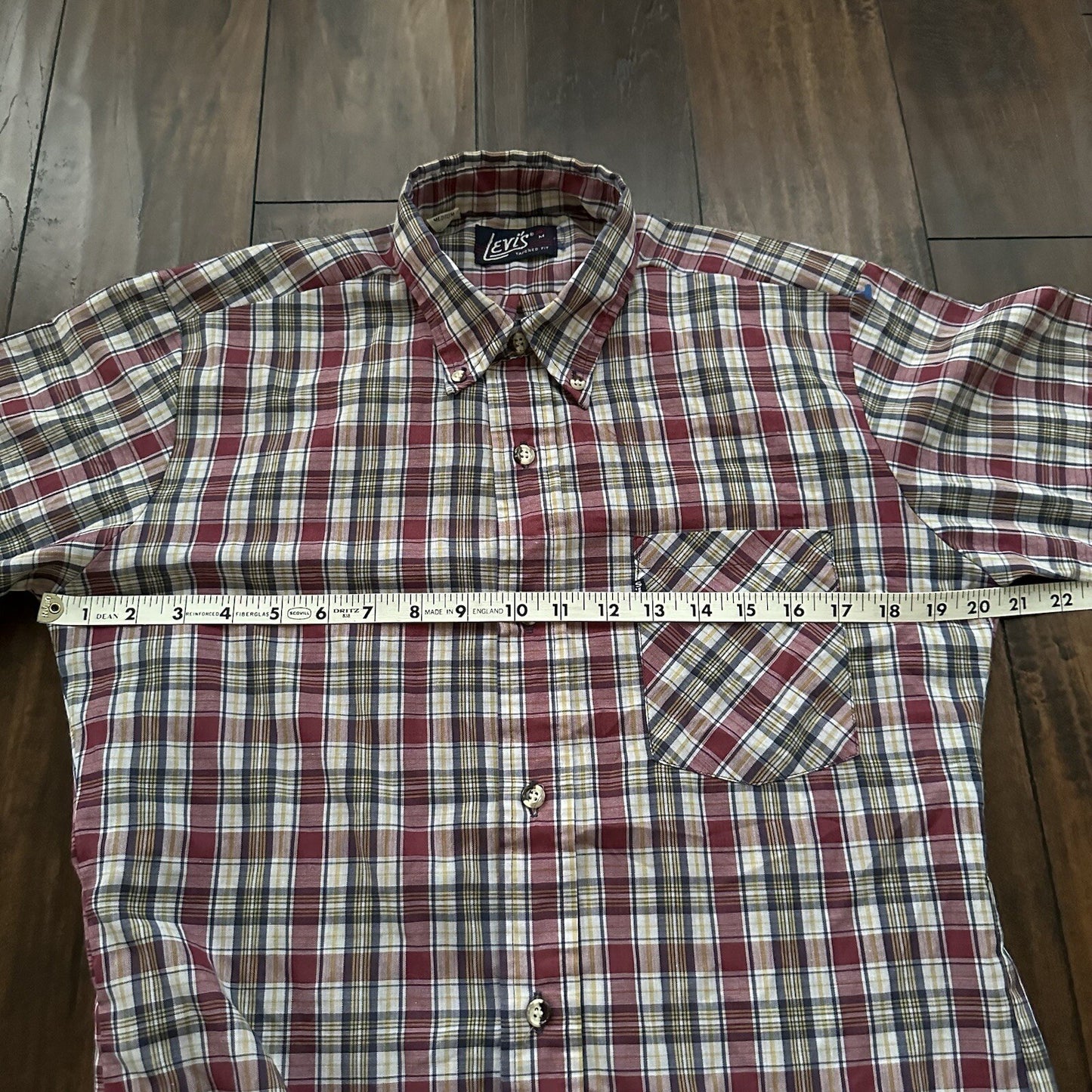 Vintage 70s Levis Mens Shirt M Tapered Fit blue Red Plaid Button Up 80s Big E