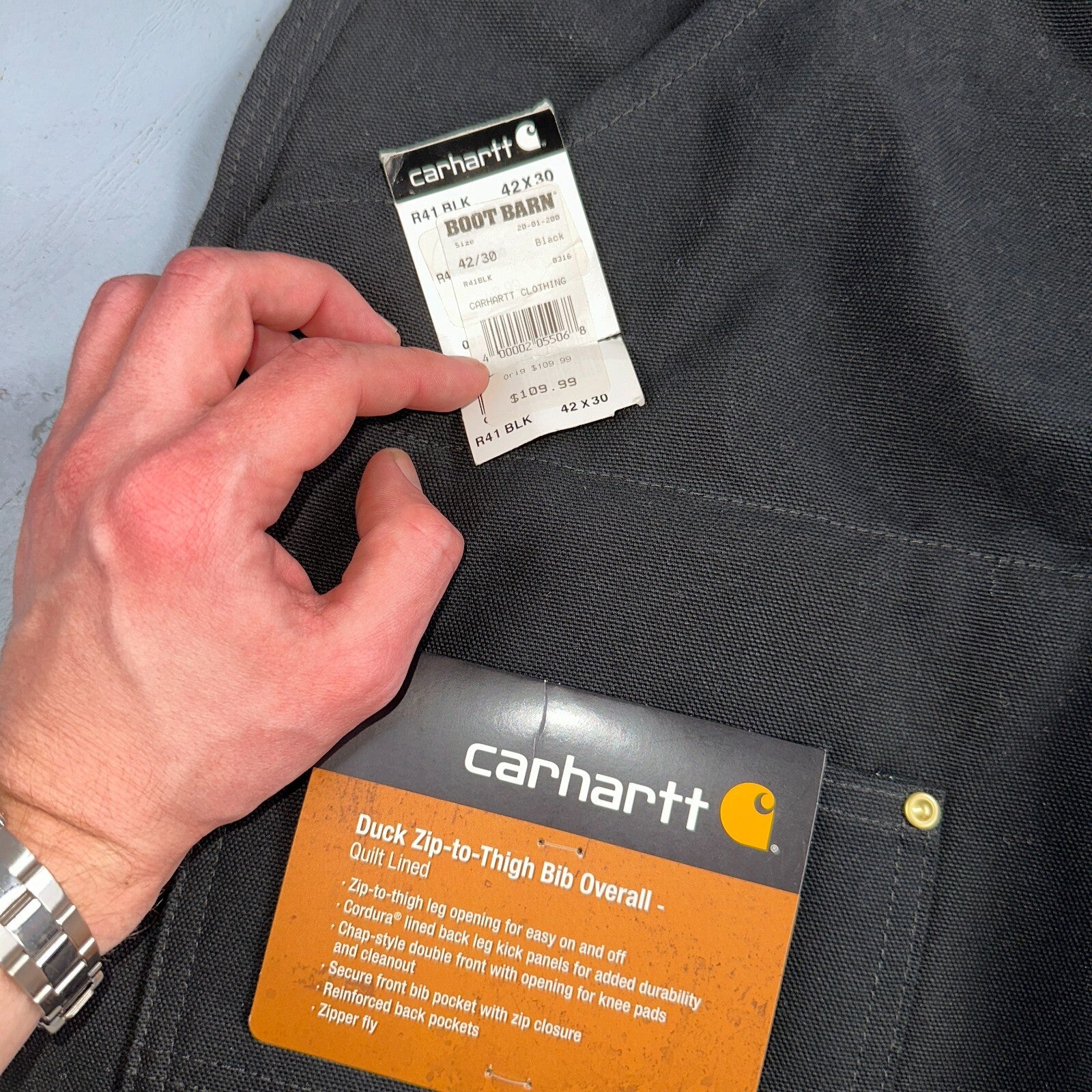 Carhartt R41 Quilt Lined Bib Overalls Mens 42x30 Black Duck Double Knee Tags VTG