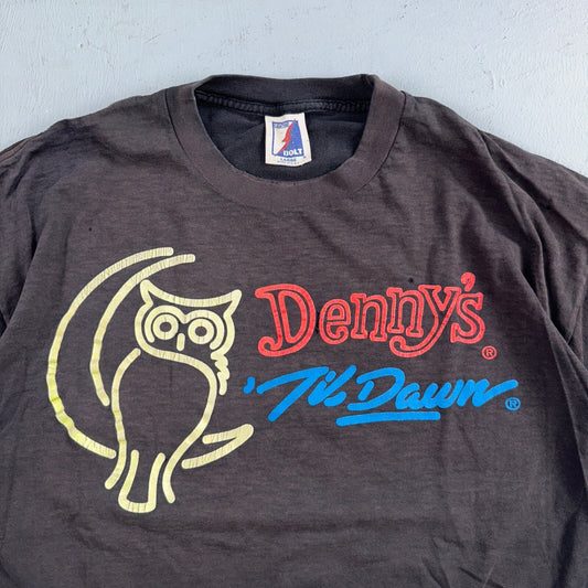 Denneys Til Dawn 90s VTG T Shirt Funny Owl Life Too Short Sleep Joke Text Faded