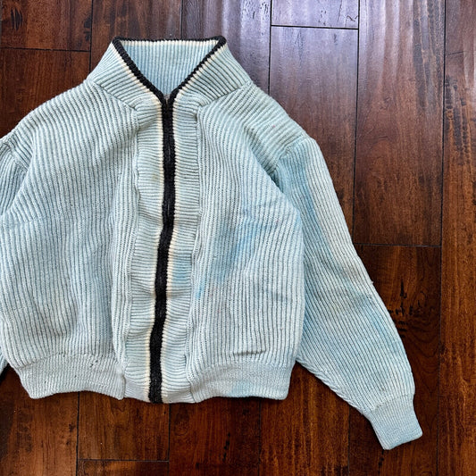 VTG 70s Columbia Knit Rugby Gear Sweater Zip Up Blue Color Block Made In USA