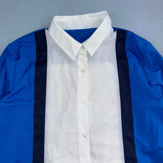 White Blue Long Sleeve Button Up Womens L Vintage 90s China Abstract Striped