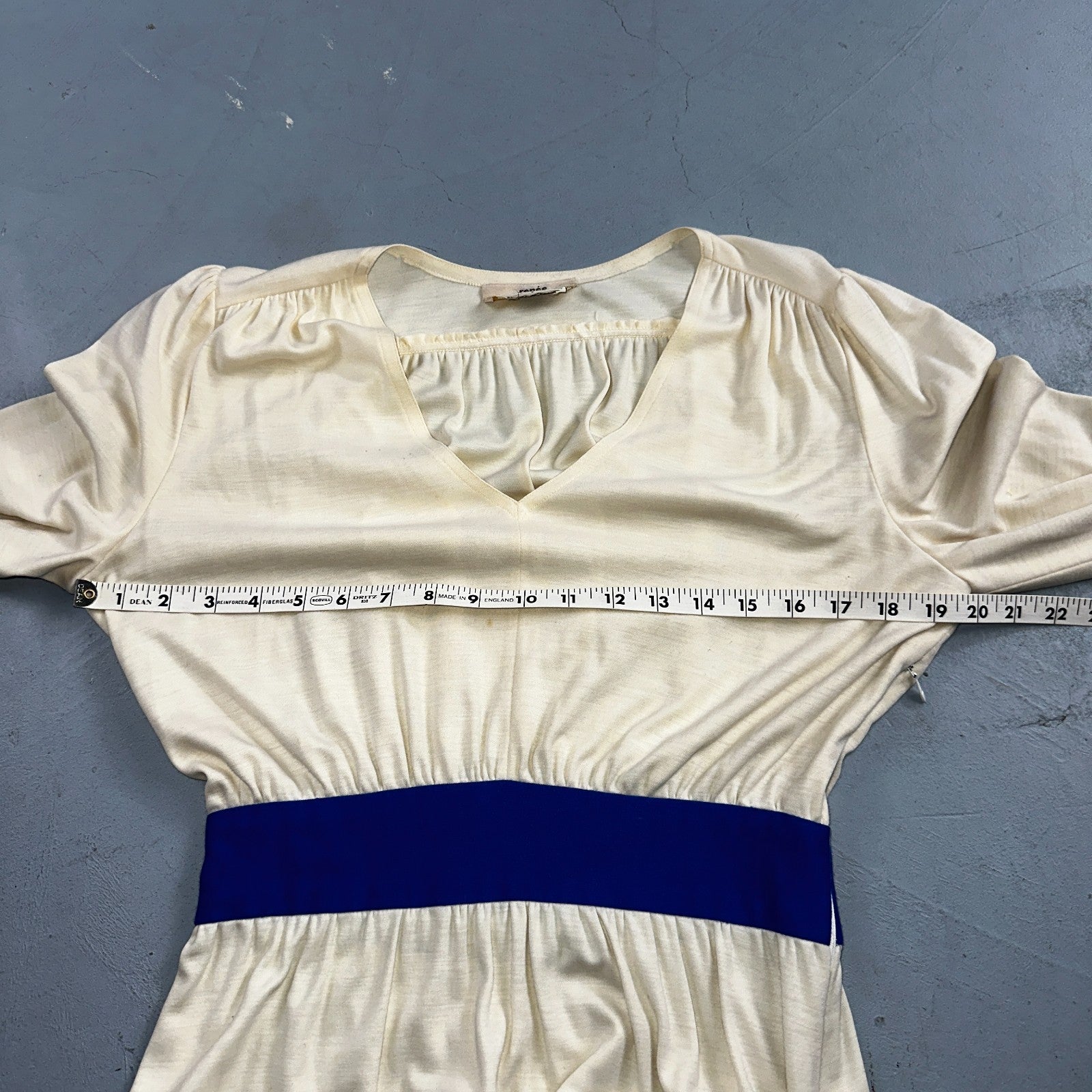 Vintage René Helga Howie Cream Midi Dress Blue Trim V-Neck 3/4 Sleeve Boho 70s