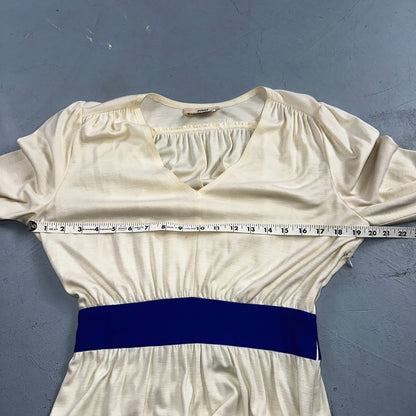 Vintage René Helga Howie Cream Midi Dress Blue Trim V-Neck 3/4 Sleeve Boho 70s