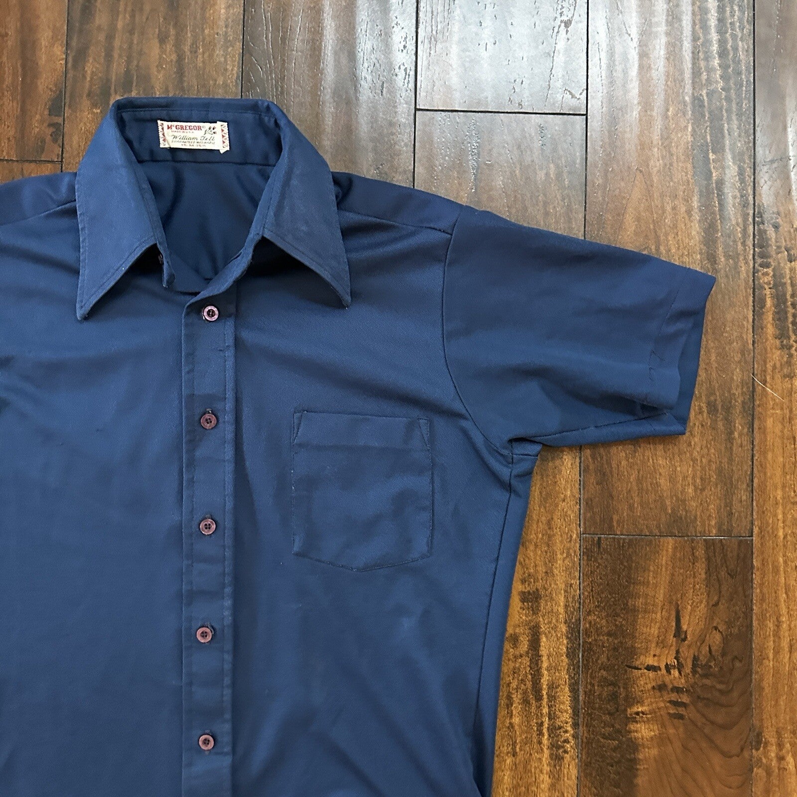 vintage 70s MCGREGOR shirt M button up plaid Blue Single pocket Rockabilly USA