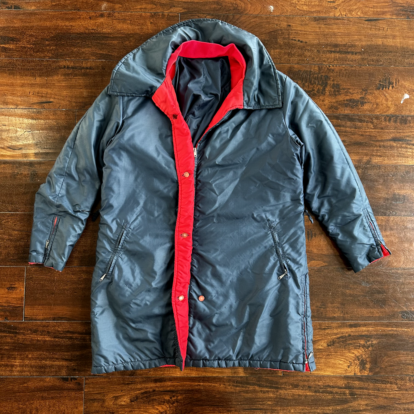 Vintage 50s Comfy Puffer Coat Jacket Womens Metallic Talon Zipper 60s Navy