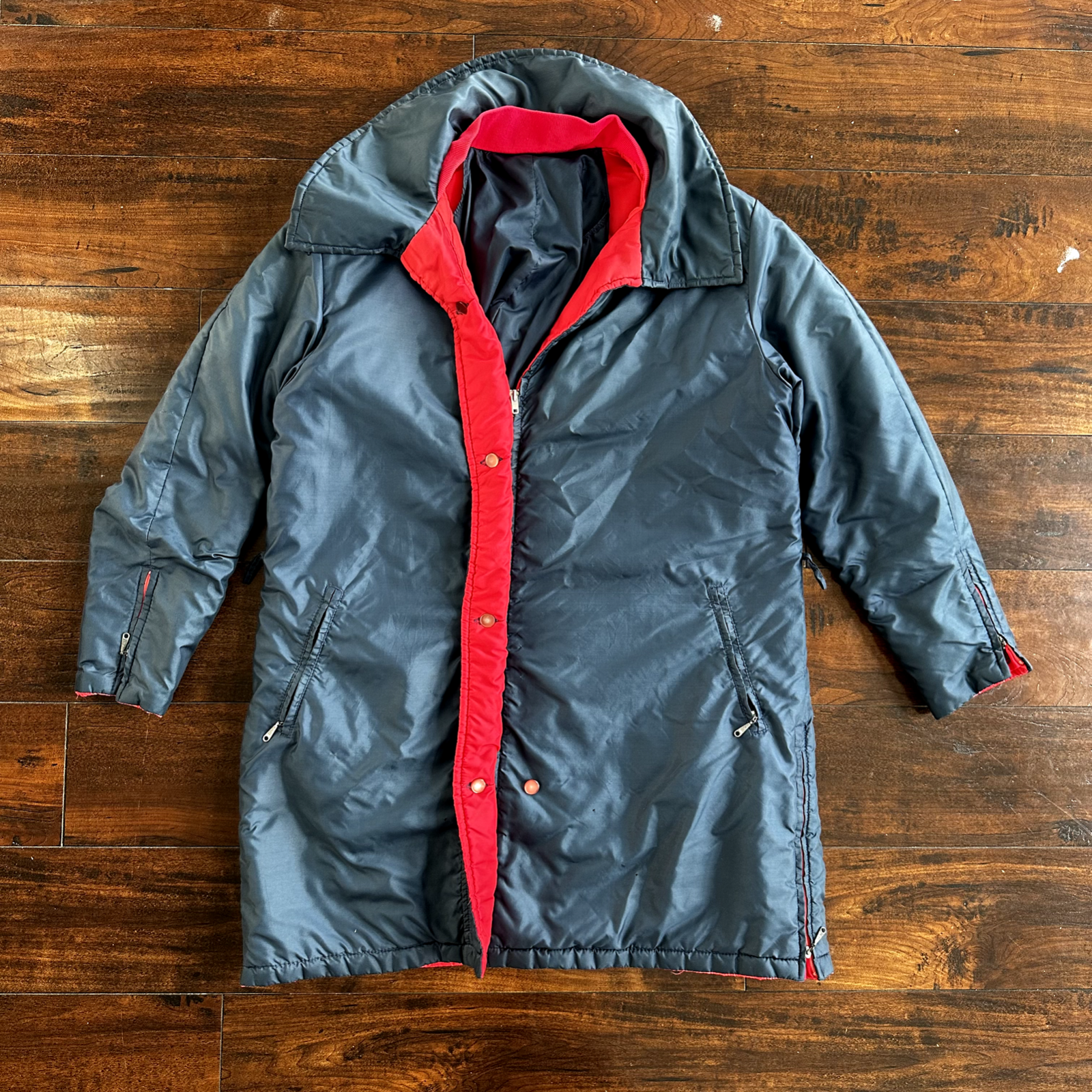 Vintage 50s Comfy Puffer Coat Jacket Womens Metallic Talon Zipper 60s Navy