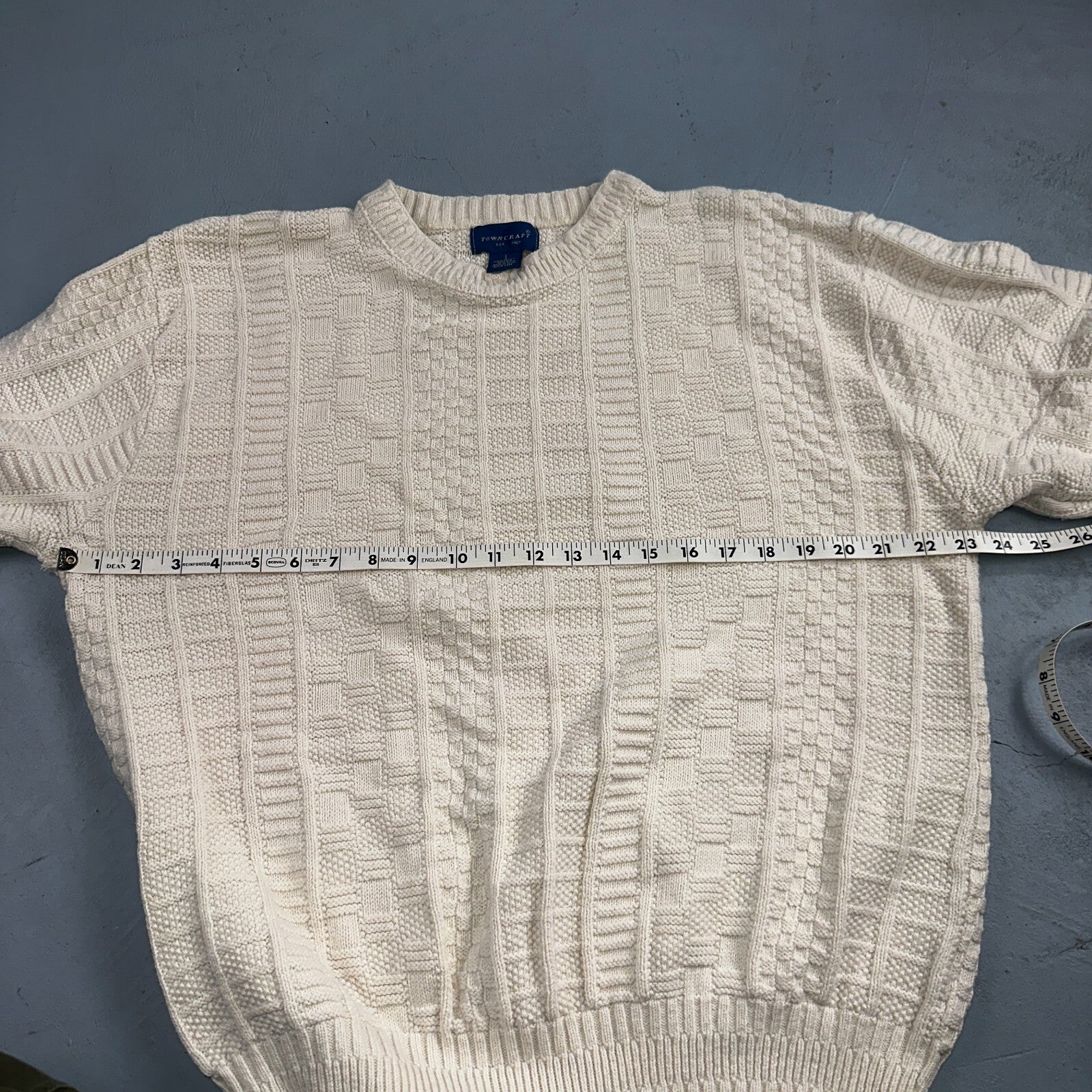 Towncraft VTG 80s 100% Cotton Made In USA Ivory Square Knit Sweater Sz L