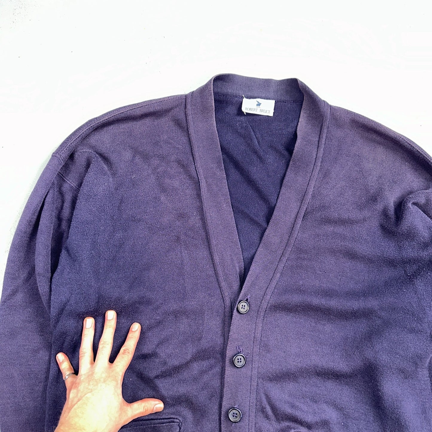 Vintage 70s Robert Bruce Cardigan Sweater Adult XL Navy Grandpa Grunge Faded