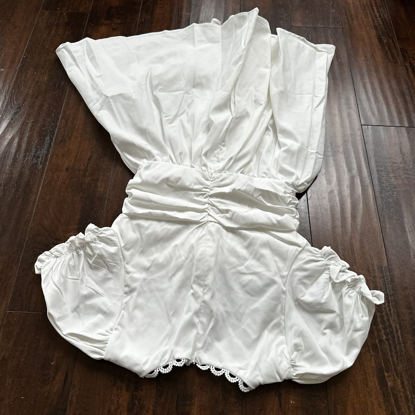 SHEIN MOD Ruched Bust Shirred Back Puff Sleeve Front Dress White Sexy Summer