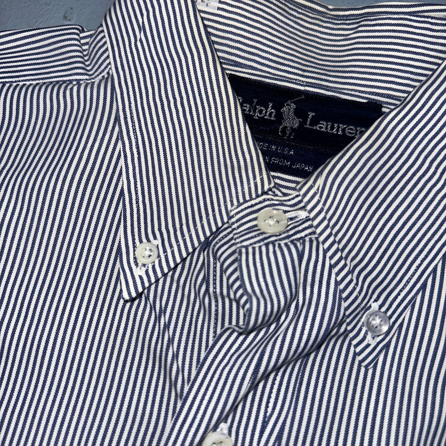 Polo Ralph Lauren Shirt 15.5 White Navy Striped USA Japan Button Up Long Sleeve