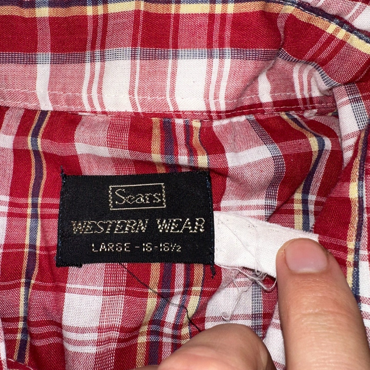 Sears VTG Western Wear L Plaid Ranch Rodeo Shirt Jacket Pearl Snap Red 16