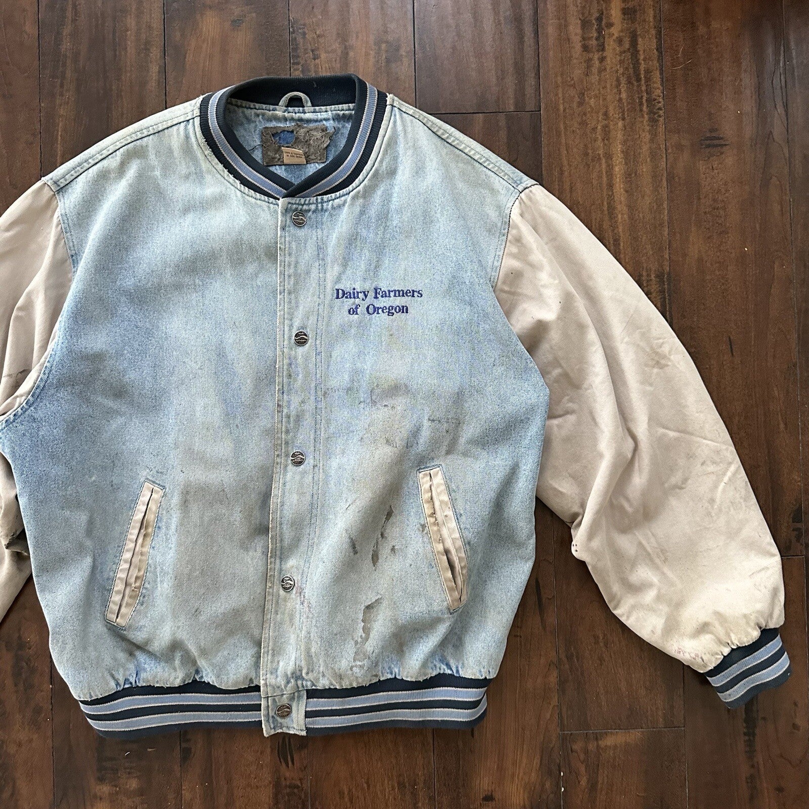 Vintage Oregon 90s Denim Varsity Jacket Bomber Salem Auto NASCAR Racing Thrashed