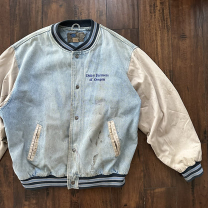 Vintage Oregon 90s Denim Varsity Jacket Bomber Salem Auto NASCAR Racing Thrashed