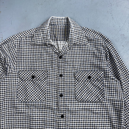 1970s Plaid Long Sleeve Striped Button Down Shirt 60s 70s Rockabilly Checker