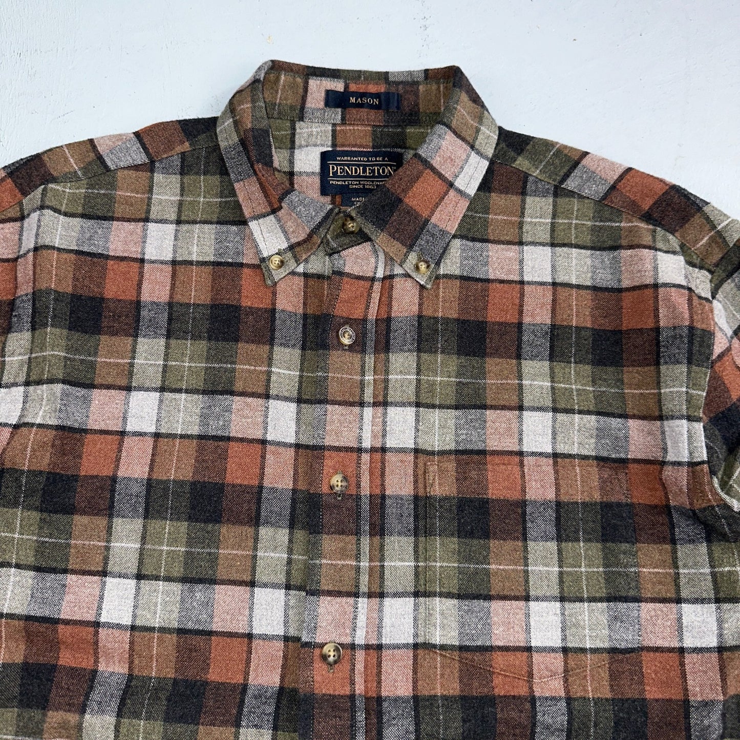 Pendleton Mason Flannel Shirt Mens Size Medium Brown Green Plaid Long Sleeve