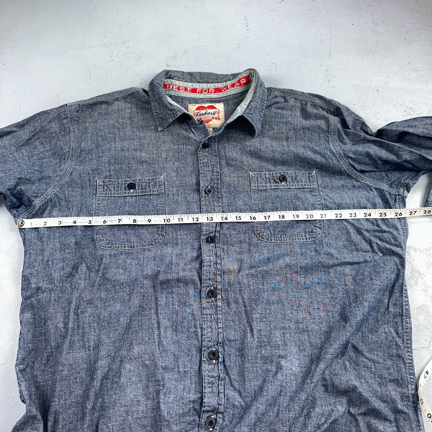 Carhartt Chambray Work Shirt VTG 2XL Demin Long Sleeve Button Up Heart Logo 60s