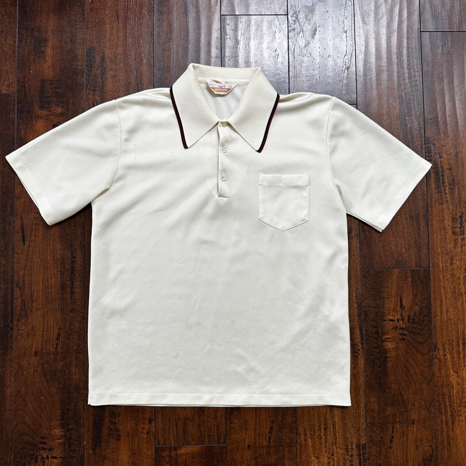 Vintage Jantzen Classic Look White Polo Shirt Single Stitch Size L 1970s 70s