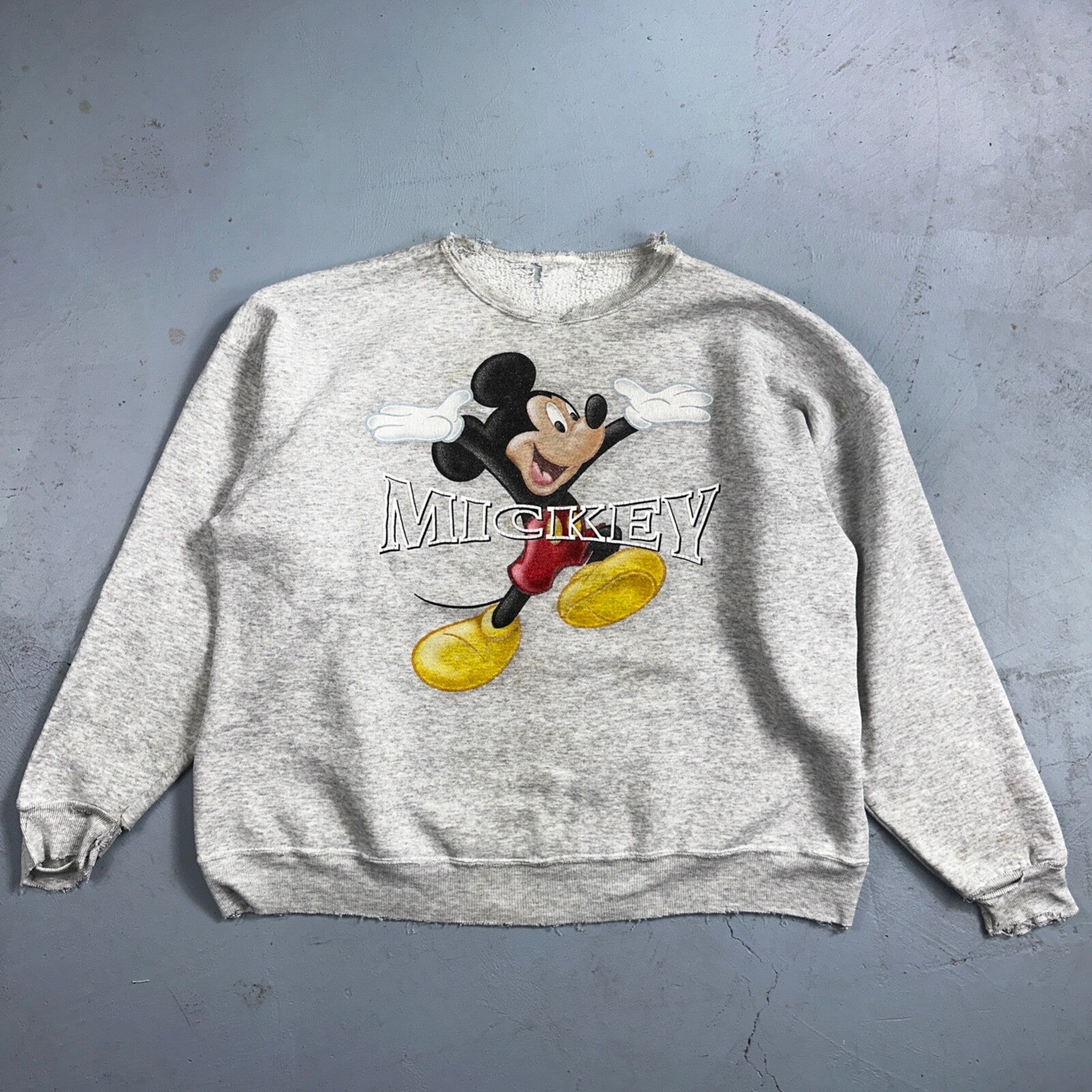 Disney Mickey Mouse VTG Disneyland Gray Fleece Sweatshirt Size XL Thrashed