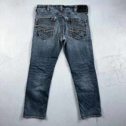 Silver Jeans Mens 34x30 Eddie Blue Denim Stretch Straight 5 Pocket Whiskering