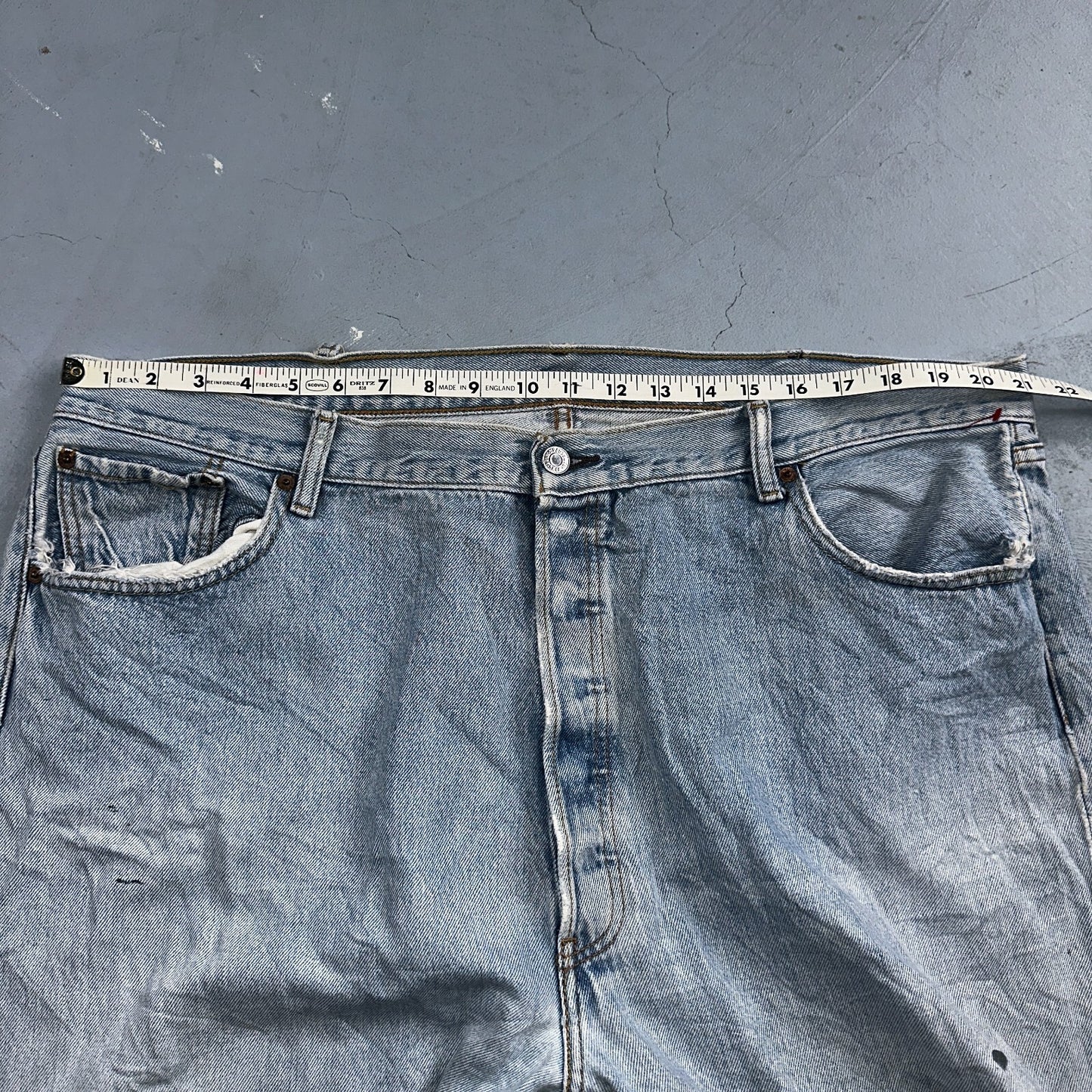 Levis 501 Vintage Y2K XX Straight Leg Jeans Rips Blue Light Wash 46x32 Act 42x28