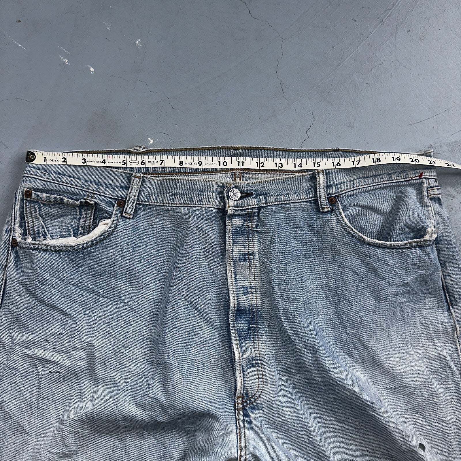 Levis 501 Vintage Y2K XX Straight Leg Jeans Rips Blue Light Wash 46x32 Act 42x28