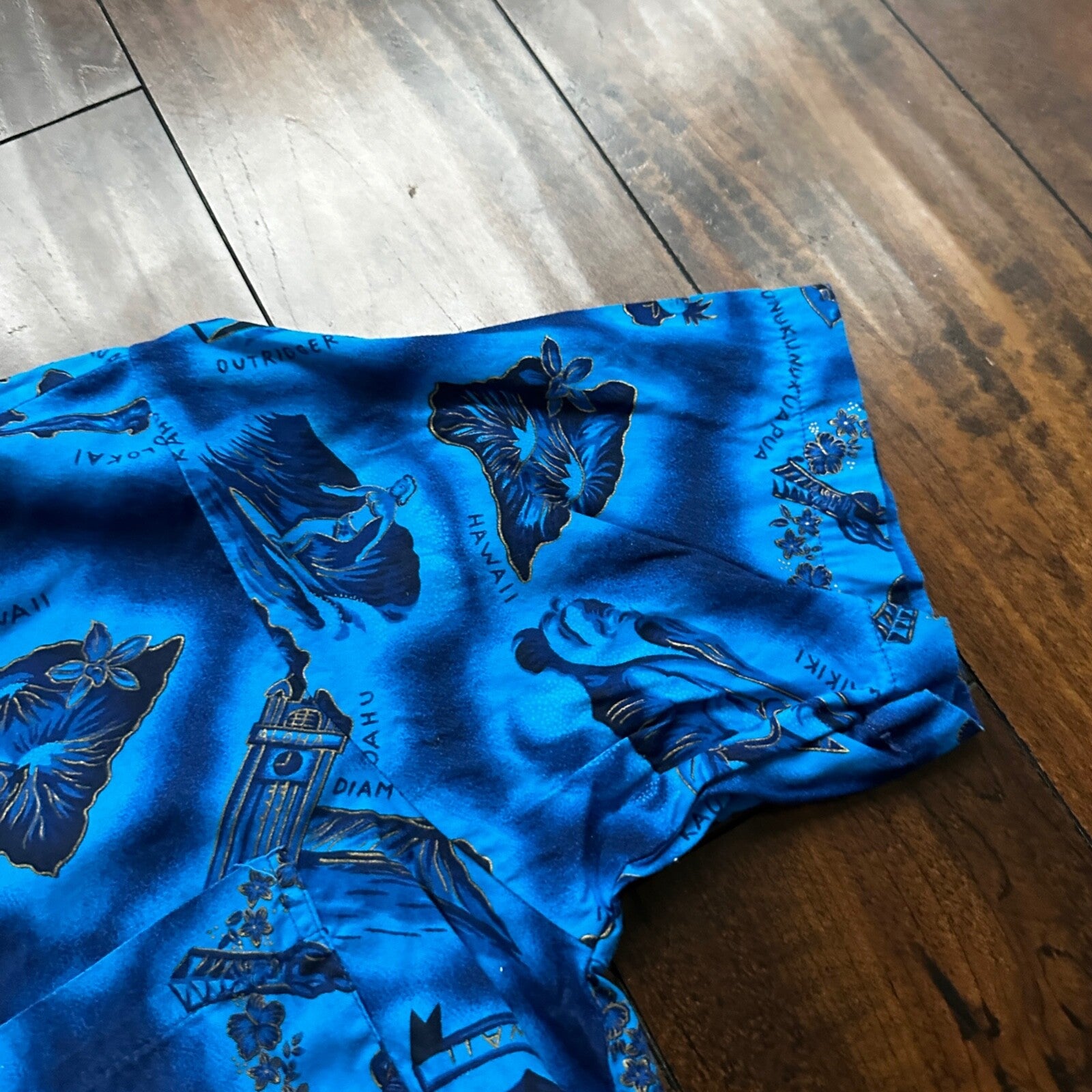 1960s Hawaiian Button Down Shirt Vintage Rockabilly 50s 60s Loop Collar Blue