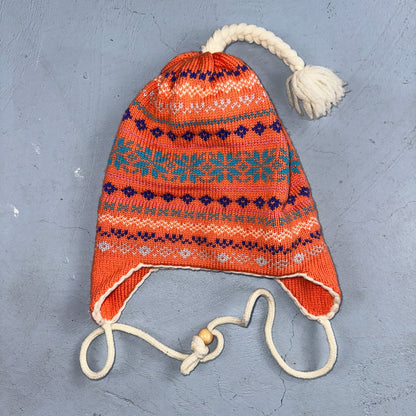 Vintage Snowy River Woolens Earflap Hat Orange Knit Ski Beanie USA Made Peach