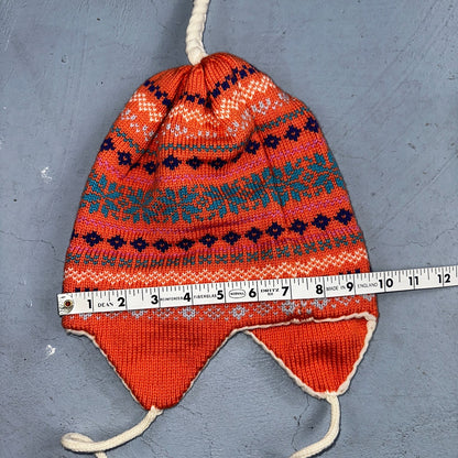Vintage Snowy River Woolens Earflap Hat Orange Knit Ski Beanie USA Made Peach