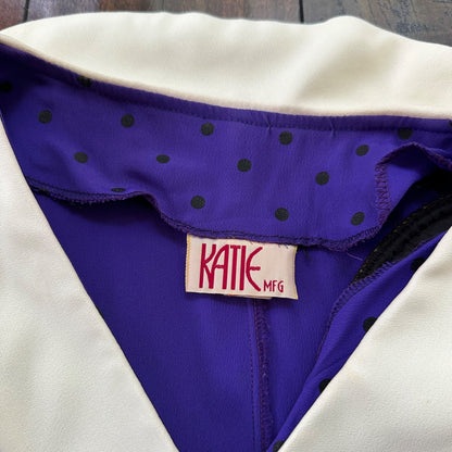 Vintage Katie MFG Purple Print Polka Dot 80s Midi Dress Size Small