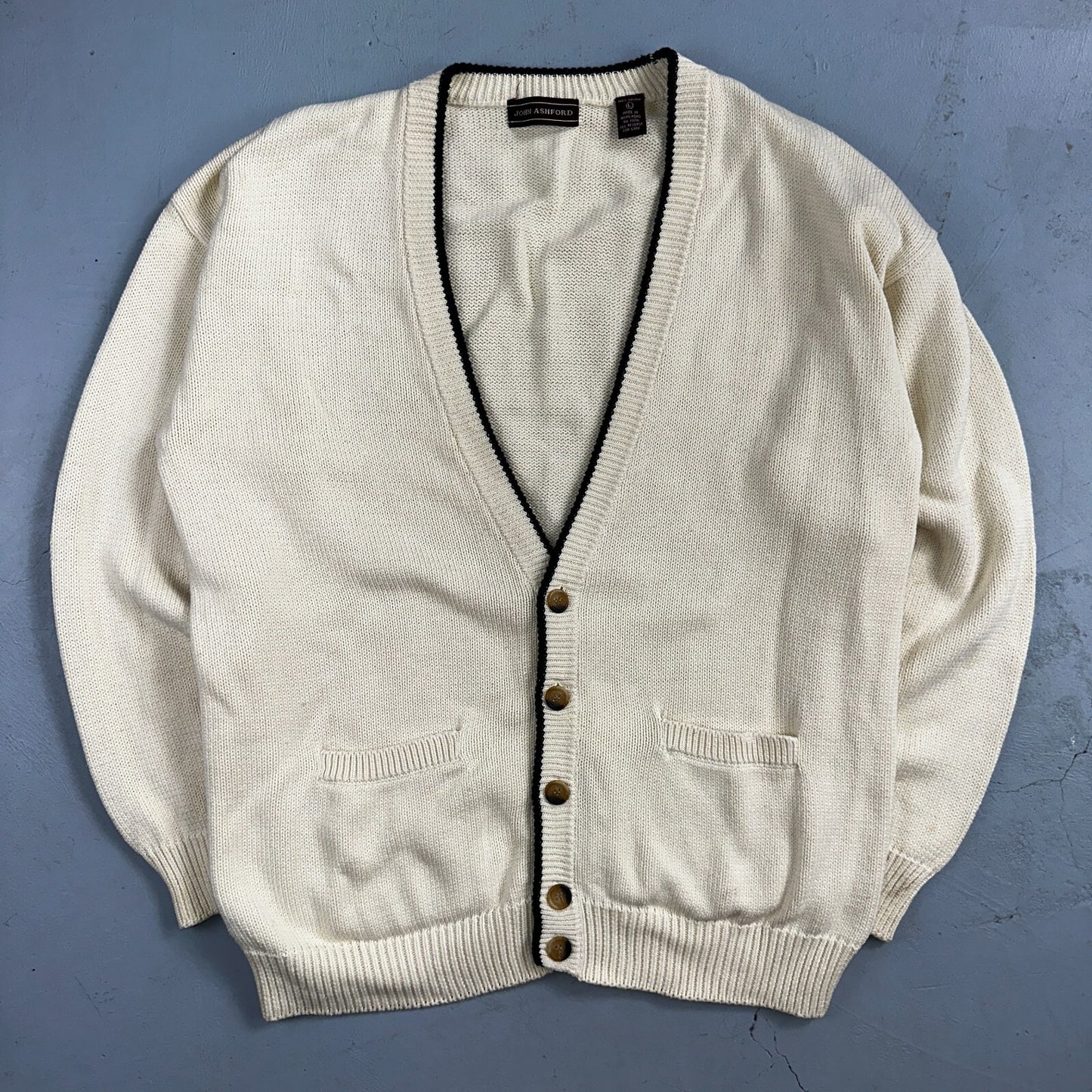 VTG John Ashford Pure 100% Cotton Cardigan Sweater Size Large Ivory White