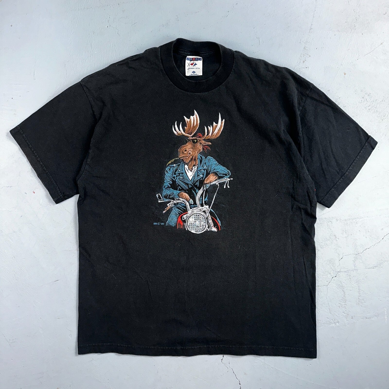 Moose Motorcycle Leather Jacket VTG T Shirt Cow Fell Off Funny Humor Biker Joke