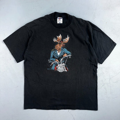 Moose Motorcycle Leather Jacket VTG T Shirt Cow Fell Off Funny Humor Biker Joke