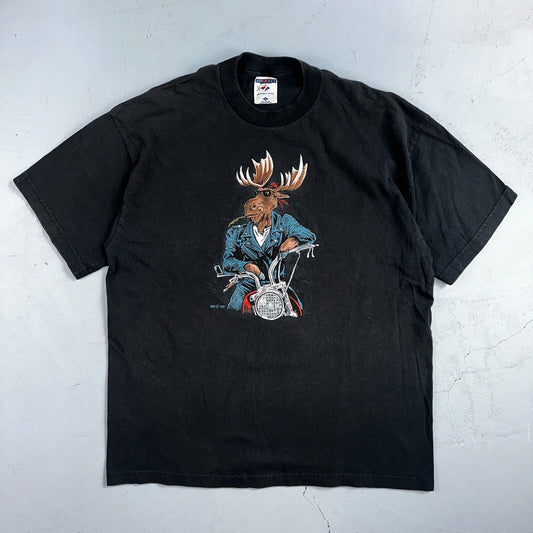 Moose Motorcycle Leather Jacket VTG T Shirt Cow Fell Off Funny Humor Biker Joke