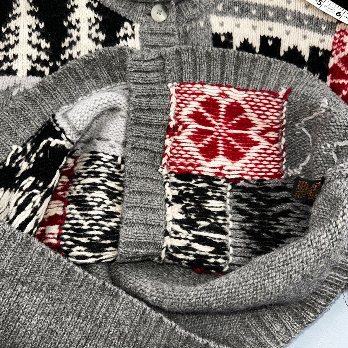 Vintage Eddie Bauer Cardigan Sweater Sz M Gray Snowflake Nordic Patchwork Wool